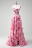 Floral A Line Strapless Corset Tiered Blush Formal Dress with Slit