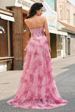 Floral A Line Strapless Corset Tiered Blush Formal Dress with Slit