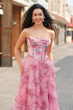 Floral A Line Strapless Corset Tiered Blush Formal Dress with Slit