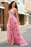 Floral A Line Strapless Corset Tiered Blush Formal Dress with Slit