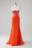 Orange Spaghetti Straps Beaded Corset Mermaid Formal Dress