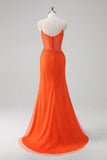 Orange Spaghetti Straps Beaded Corset Mermaid Formal Dress