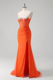 Orange Spaghetti Straps Beaded Corset Mermaid Formal Dress