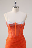 Orange Spaghetti Straps Beaded Corset Mermaid Formal Dress