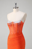 Orange Spaghetti Straps Beaded Corset Mermaid Formal Dress