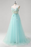 Green A Line Spaghetti Straps Sequin Tulle Formal Dress With 3D Flowers