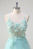 Green A Line Spaghetti Straps Sequin Tulle Formal Dress With 3D Flowers