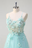 Green A Line Spaghetti Straps Sequin Tulle Formal Dress With 3D Flowers