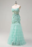 Green Mermaid Strapless Sheer Corset Ruffled Long Formal Dress with 3D Flowers