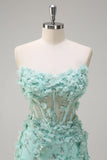 Green Mermaid Strapless Sheer Corset Ruffled Long Formal Dress with 3D Flowers