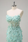 Green Mermaid Strapless Sheer Corset Ruffled Long Formal Dress with 3D Flowers