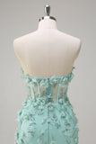 Green Mermaid Strapless Sheer Corset Ruffled Long Formal Dress with 3D Flowers