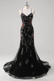 Black Mermaid Spaghetti Straps Appliqued Long Formal Dress With Sequins