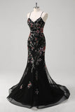 Black Mermaid Spaghetti Straps Appliqued Long Formal Dress With Sequins