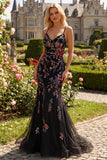 Black Mermaid Spaghetti Straps Appliqued Long Formal Dress With Sequins