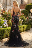 Black Mermaid Spaghetti Straps Appliqued Long Formal Dress With Sequins