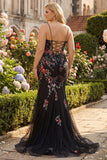 Black Mermaid Spaghetti Straps Appliqued Long Formal Dress With Sequins