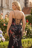 Black Mermaid Spaghetti Straps Long Plus Size Prom Dress with Lace Up Back