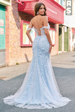 Mermaid Applique Off the Shoulder Corset Blue Formal Dress