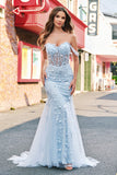 Mermaid Applique Off the Shoulder Corset Blue Formal Dress