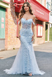 Mermaid Applique Off the Shoulder Corset Blue Formal Dress