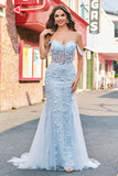 Mermaid Applique Off the Shoulder Corset Blue Formal Dress