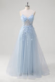 Blue A Line Spaghetti Straps Appliqued Corset Long Formal Dress With Tulle