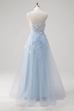 Blue A Line Spaghetti Straps Appliqued Corset Long Formal Dress With Tulle