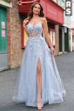 A Line Tulle Spaghetti Straps Corset Applique Blue Prom Dress with Slit