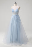 Blue A Line Spaghetti Straps Appliqued Corset Long Formal Dress With Tulle