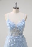 Blue A Line Spaghetti Straps Appliqued Corset Long Formal Dress With Tulle