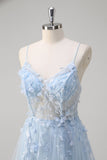 Blue A Line Spaghetti Straps Appliqued Corset Long Formal Dress With Tulle