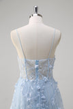 Blue A Line Spaghetti Straps Appliqued Corset Long Formal Dress With Tulle