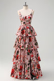 A Line Tiered Grey Pink Spaghetti Straps Floral Long Formal Dress