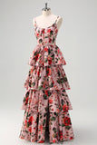 A Line Tiered Grey Pink Spaghetti Straps Floral Long Formal Dress