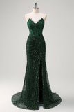 Sparkly Mermaid Sweetheart Dark Green Corset Sequins Lace Formal Dress with Slit