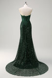 Sparkly Mermaid Sweetheart Dark Green Corset Sequins Lace Formal Dress with Slit