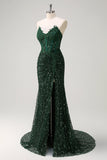 Sparkly Mermaid Sweetheart Dark Green Corset Sequins Lace Formal Dress with Slit