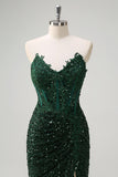 Sparkly Mermaid Sweetheart Dark Green Corset Sequins Lace Formal Dress with Slit