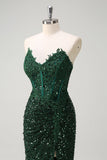 Sparkly Mermaid Sweetheart Dark Green Corset Sequins Lace Formal Dress with Slit