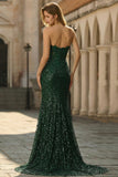 Sparkly Mermaid Sweetheart Dark Green Corset Sequins Lace Formal Dress with Slit