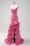 Sparkly Fuchsia Mermaid Strapless Beaded Ruched Ruffles Long Formal Dress with Slit