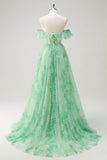 Floral A Line Off The Shoulder Corset Long Green Formal Dress