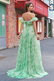 Floral A Line Off The Shoulder Corset Long Green Formal Dress