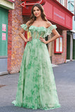 Floral A Line Off The Shoulder Corset Long Green Formal Dress