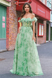 Floral A Line Off The Shoulder Corset Long Green Formal Dress