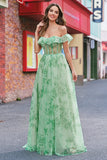 Floral A Line Off The Shoulder Corset Long Green Formal Dress