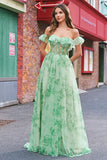 Floral A Line Off The Shoulder Corset Long Green Formal Dress