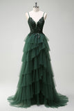 Sparkly Dark Green A-Line Corset Ruffles Appliqued Long Formal Dress with Slit