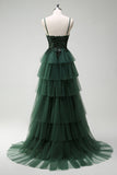 Sparkly Dark Green A-Line Corset Ruffles Appliqued Long Formal Dress with Slit